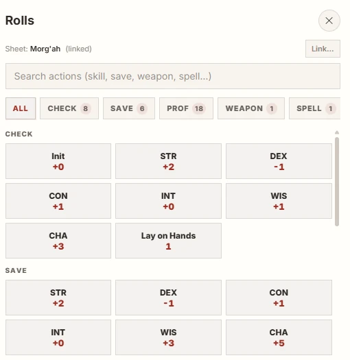 Rolls from the character sheet